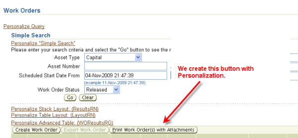 Print Work Order with Attachments button created with Personalization