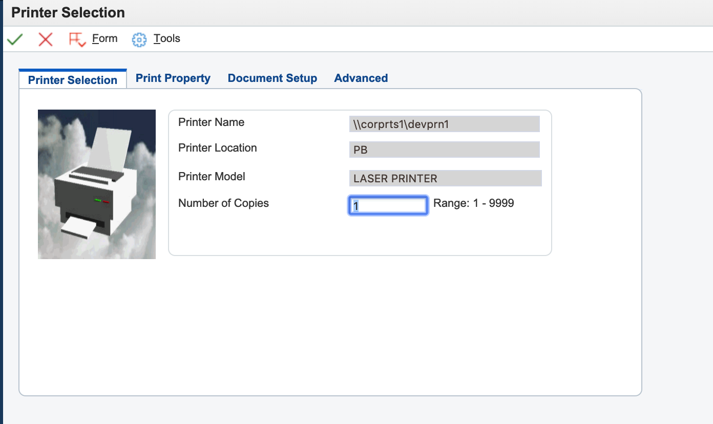 JD Edwards CAM Printer Selection Screen