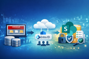 Oracle EBS attachments integrated with SharePoint Online using Entra ID group-based access control, showing secure document migration and governance.